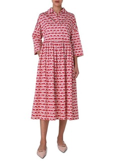 Akris punto Flamingo Dot Print Long Sleeve Cotton Midi Dress