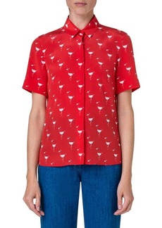 Akris punto Flamingo Print Silk Crêpe de Chine Shirt