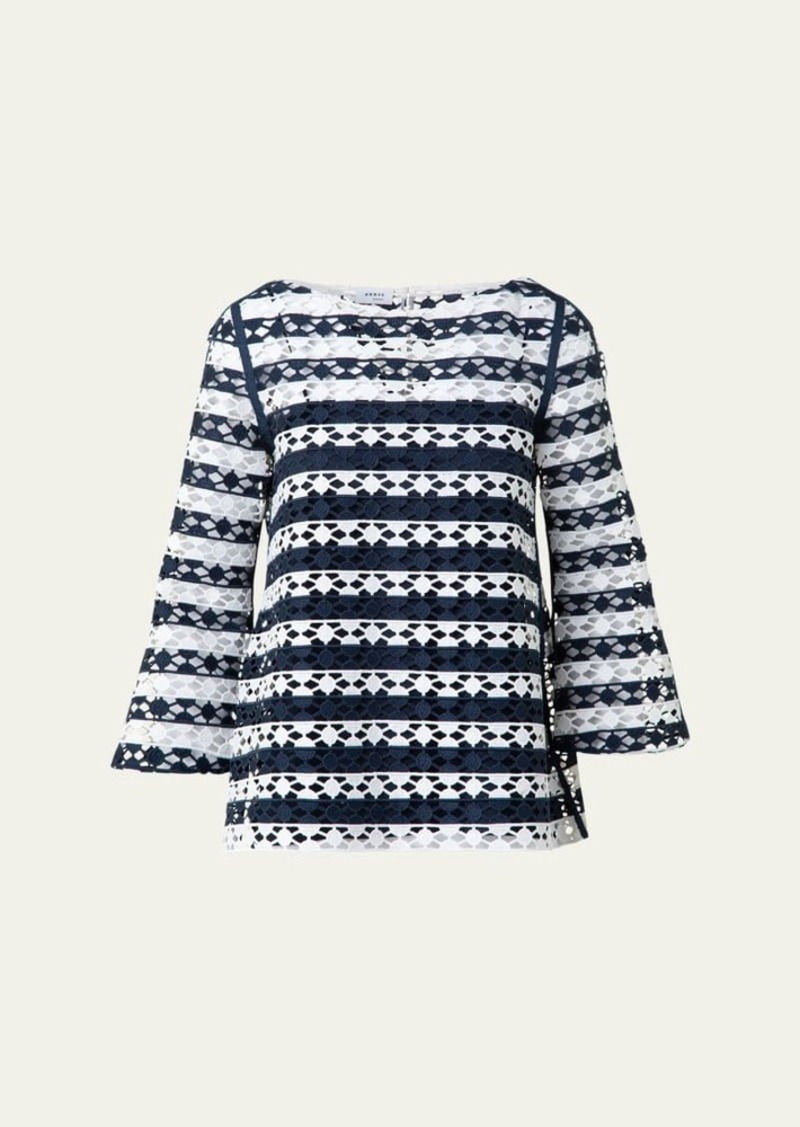 Akris punto Kodak Striped Dot Guipure Trumpet-Sleeve Blouse