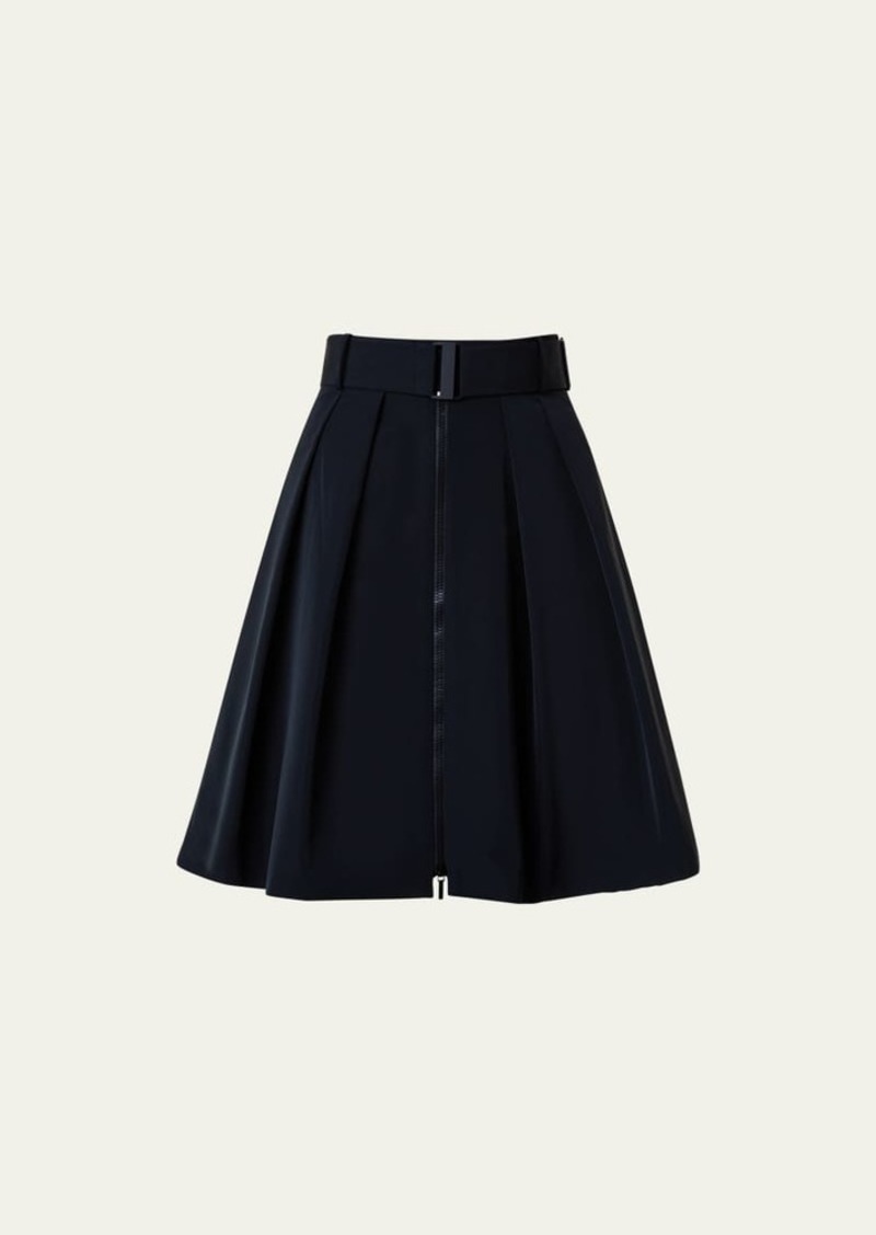 Akris punto Pleated Taffeta Front-Zip Skirt With Belt