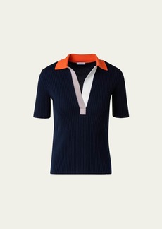 Akris punto Ribbed Knit Wool Polo Top with Colorblock Collar