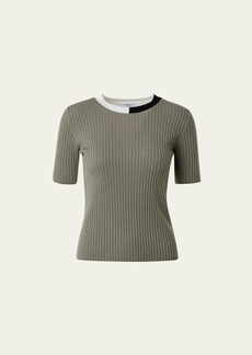 Akris punto Ribbed Knit Wool Top with Colorblock Collar