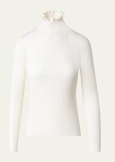 Akris punto Ruffle-Neck Fitted Ribbed Wool Sweater