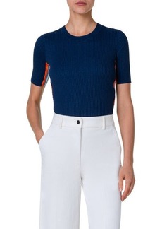 Akris punto Side Stripe Short Sleeve Rib Sweater