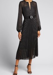Akris punto Silver Dotted Long-Sleeve Belted Midi Dress