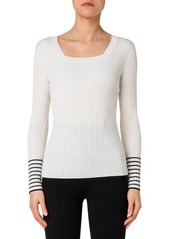 Akris punto Square Neck Rib Virgin Merino Wool Fitted Sweater