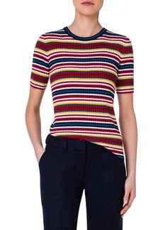 Akris punto Stripe Short Sleeve Milano Knit Virgin Wool Rib Sweater