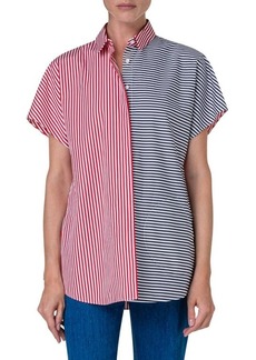 Akris punto Two-Tone Directional Stripe Short Sleeve Button-Up Cotton Shirt