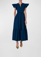 Akris Punto Cap-Sleeve Belted Tiered-Hem Taffeta Midi Dress