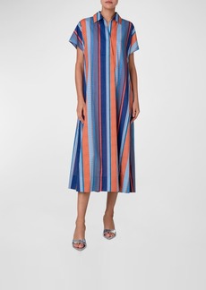 Akris Punto Deck Chair Stripe-Print Short-Sleeve Midi Shirtdress