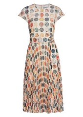 Akris Punto Wood Block-Print Sakura Dot Accordion Pleat A-Line Dress