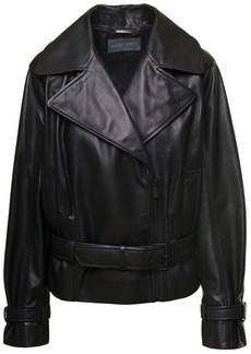 Alberta Ferretti Black Double-Breasted Jacket with Matching Belt in Leather Woman