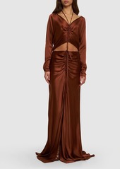 Alberta Ferretti Cut Out Draped Satin L/s Long Dress