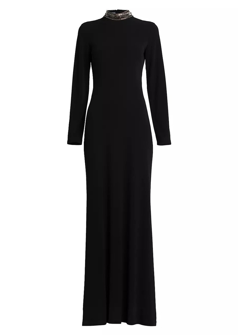 Alberta Ferretti Draped-Back Beaded Turtleneck Dress