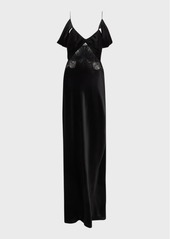 Alberta Ferretti Draped Off-The-Shoulder Lace-Inset Satin Gown