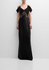 Alberta Ferretti Draped Off-The-Shoulder Lace-Inset Satin Gown