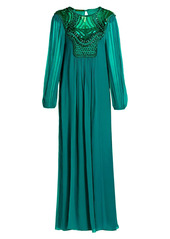 Alberta Ferretti Embellished Bodice Long Sleeve Organic Silk Chiffon Gown