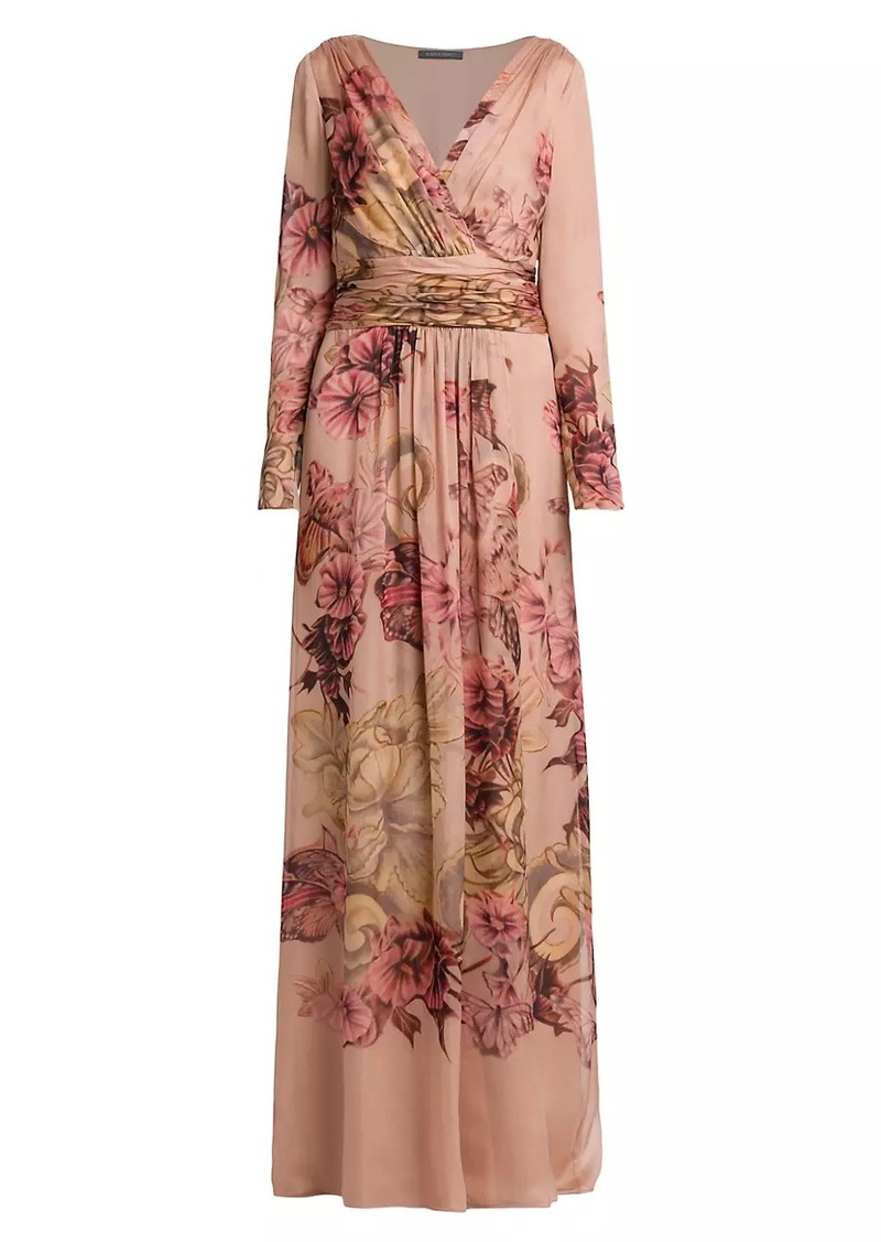 Alberta Ferretti Gathered Floral Silk Maxi Dress
