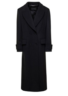 Alberta Ferretti Long Black Double-Breasted Coat with Tonal Buttons in Wool and Cashmere Woman