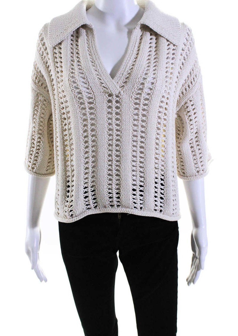 A.L.C. ALC Womens Emil Open Knit Collared Half Sleeve Top Blouse White