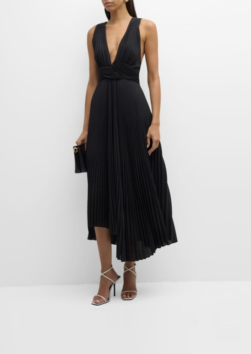 A.L.C. Everly Pleated Plunge-Neck Midi Dress