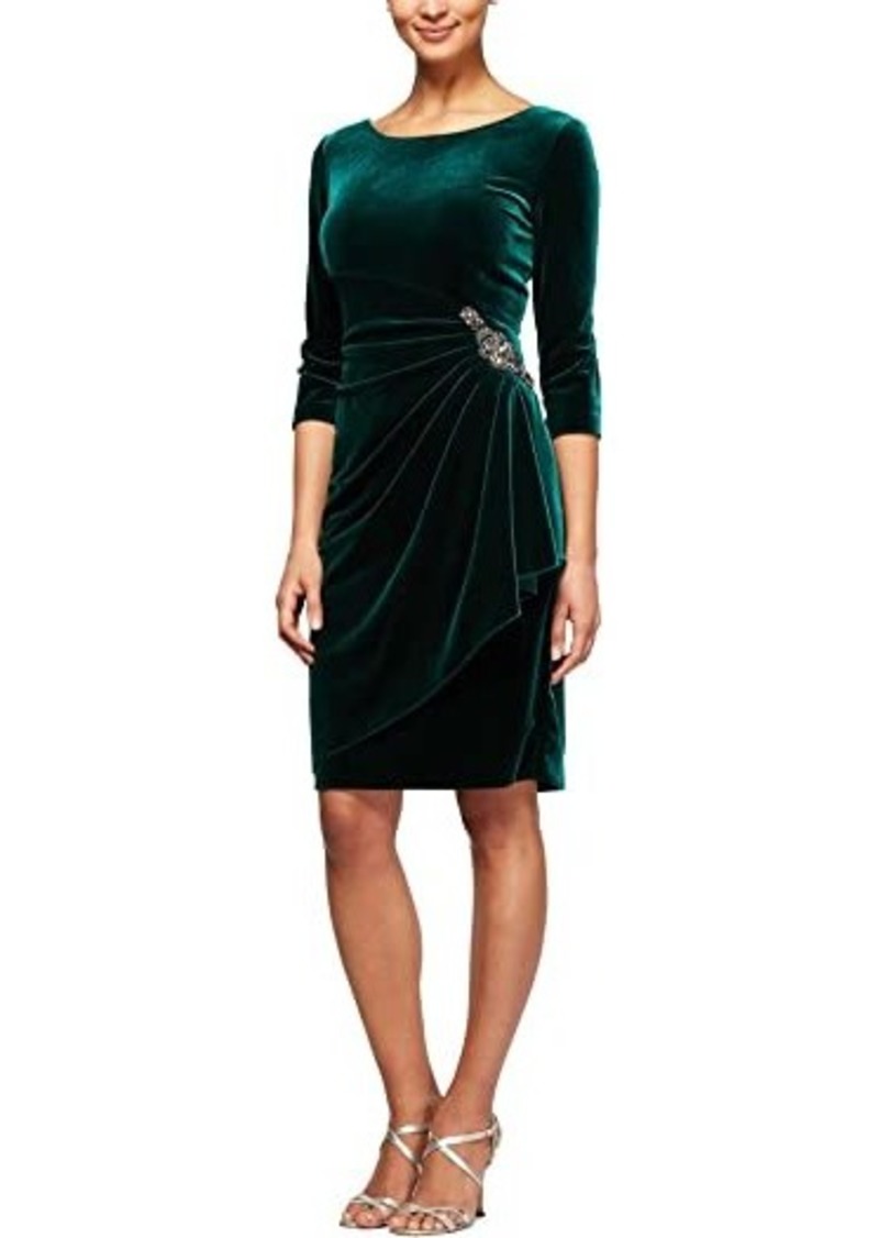 Alex Evenings 3/4 Sleeves Short Side Ruched Dress w/ Beaded Detail At Hip