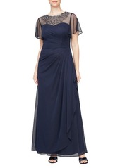 Alex Evenings Beaded Illusion Neck Flutter Sleeve A-Line Gown