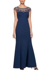 Alex Evenings Beaded Illusion Neck Trumpet Gown