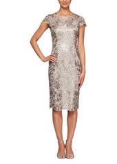Alex Evenings Cap Sleeve Sequin Embroidered Sheath Cocktail Dress