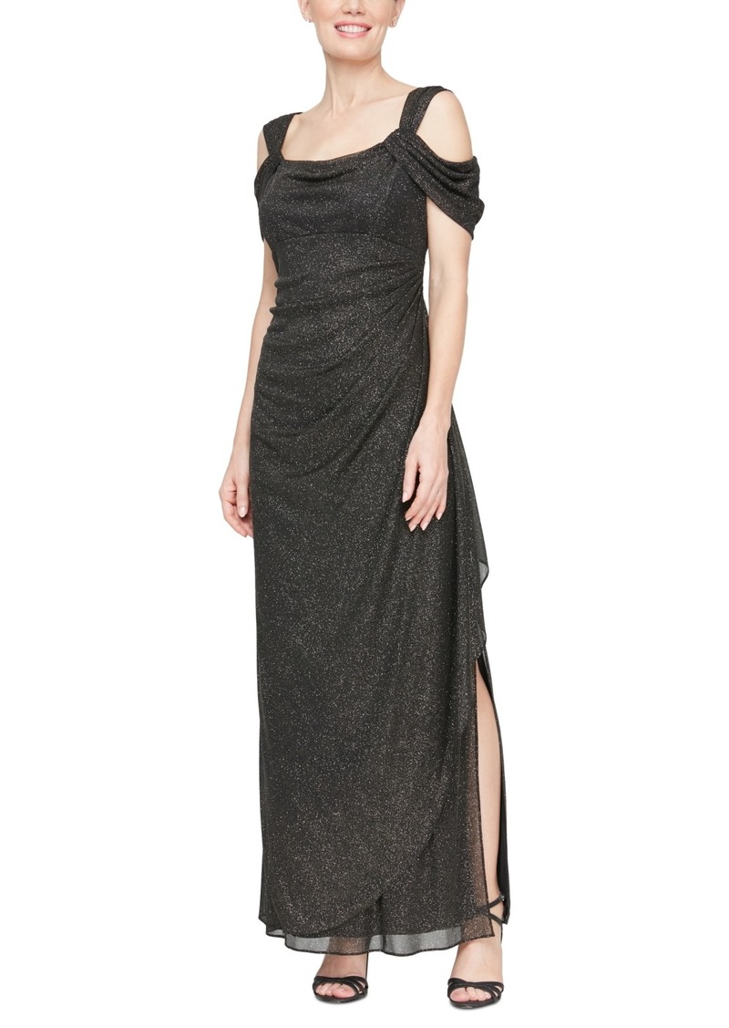 Alex Evenings Cold-Shoulder Draped Metallic Gown Regular & Petite Sizes - Black Gold