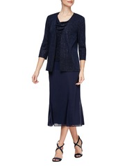 Alex Evenings Cowl Neck Shimmer Midi Dress with Jacket in Dark Navy at Nordstrom