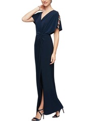 Alex Evenings Embellished Sleeve Knot Front Jersey Gown