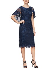 Alex Evenings Embroidered Illusion Capelet Sleeve Sheath Dress
