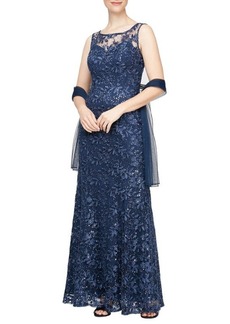 Alex Evenings Embroidered Illusion Neck Evening Gown with Shawl