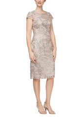 Alex Evenings Embroidered Illusion Yoke Sequin Sheath Dress