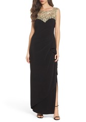 Alex Evenings Embroidered Side Ruched Gown (Regular & Petite)