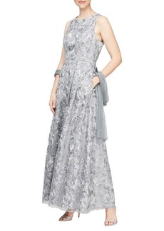 Alex Evenings Embroidered Sleeveless Formal Gown with Mesh Shawl