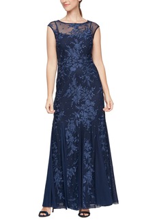 Alex Evenings Embroidered Trumpet Gown in Navy at Nordstrom