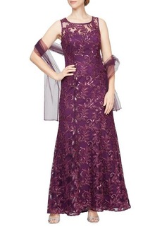 Alex Evenings Embroidered Tulle Gown with Shawl