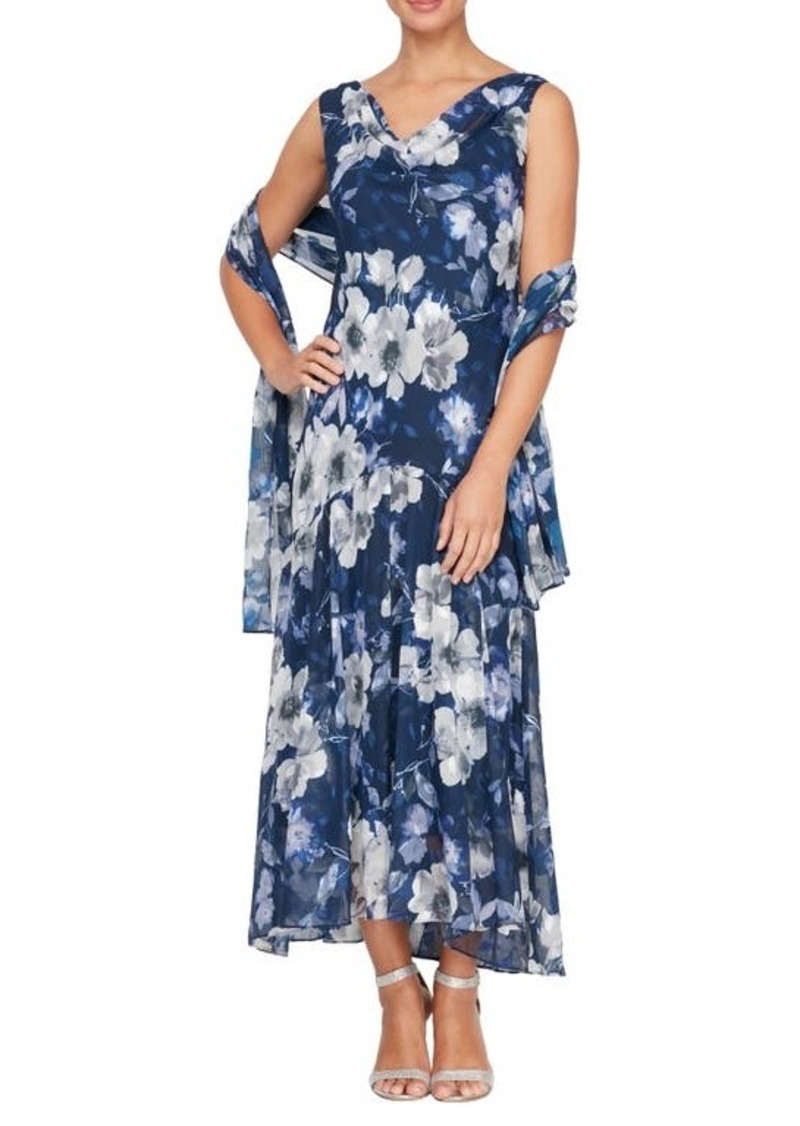 Alex Evenings Floral Cowl Neck A-Line Dress with Shawl