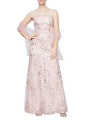 Alex Evenings Floral Embroidered Evening Gown with Shawl in Blush at Nordstrom