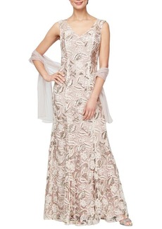 Alex Evenings Floral Embroidered Evening Gown with Wrap