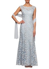 Alex Evenings Floral Embroidered Evening Gown with Wrap