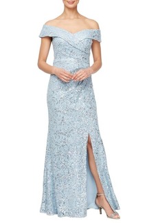 Alex Evenings Floral Embroidered Sequin Off the Shoulder Gown