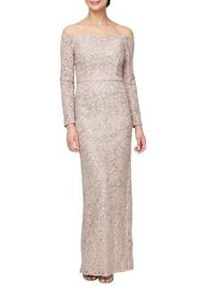 Alex Evenings Floral Embroidered Sequin Off the Shoulder Long Sleeve Gown