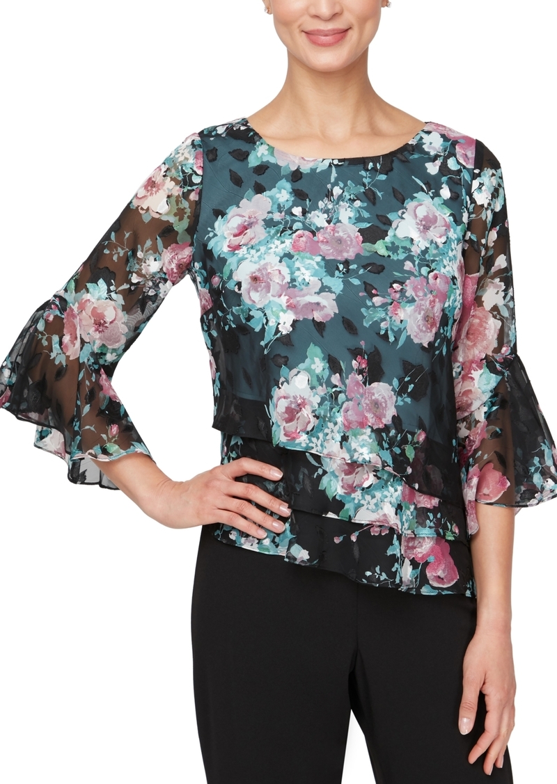 Alex Evenings Floral-Print Asymmetrical-Hem Bell-Sleeve Tiered Top - Black Multi