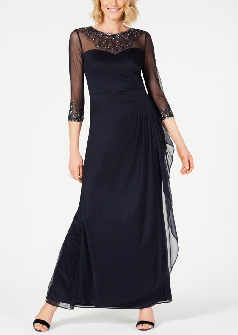 Alex Evenings Women's Illusion Embellished A-Line Gown - Dark Navy