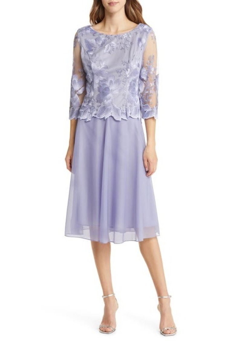 Alex Evenings Illusion Sleeve Embroidered Midi Dress