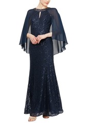 Alex Evenings Jeweled Cape Column Gown in Navy at Nordstrom