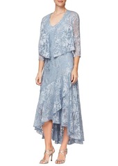 Alex Evenings Metallic Textured Floral Burnout High/Low Dress with Jacket in Hydrangea at Nordstrom